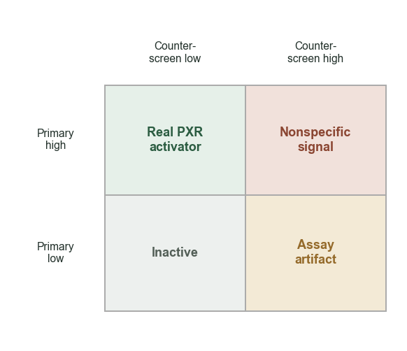 Four classes from two reporters: Primary high + Counter-screen low = Real PXR activator; Primary high + Counter-screen high = Nonspecific signal; Primary low + Counter-screen low = Inactive; Primary low + Counter-screen high = Assay artifact